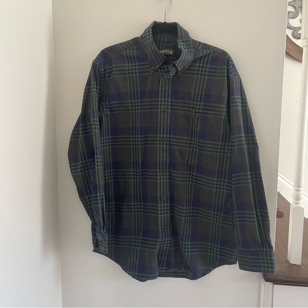Orvis large green blue‎ and gray 100% cotton casual button down